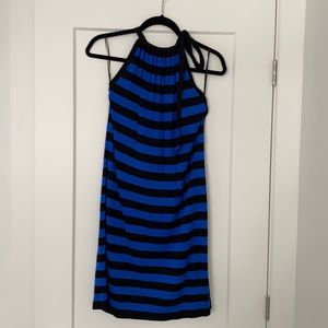 Michael kore blue and black stripped halter dress